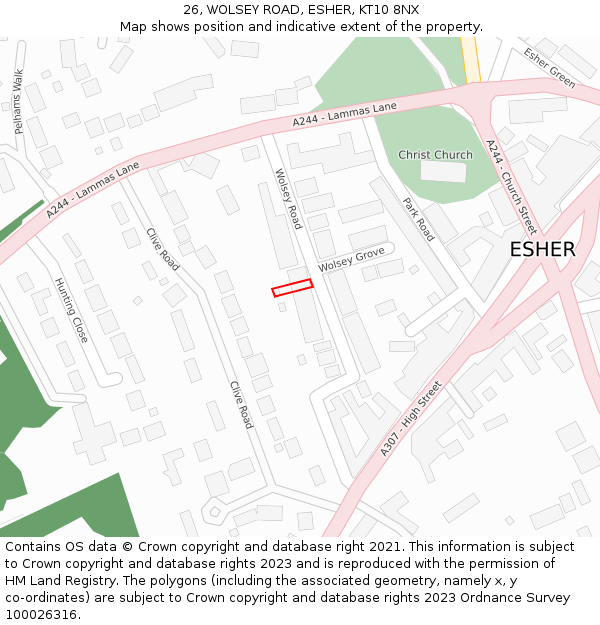 26, WOLSEY ROAD, ESHER, KT10 8NX: Location map and indicative extent of plot