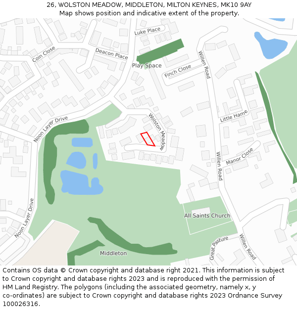 26, WOLSTON MEADOW, MIDDLETON, MILTON KEYNES, MK10 9AY: Location map and indicative extent of plot