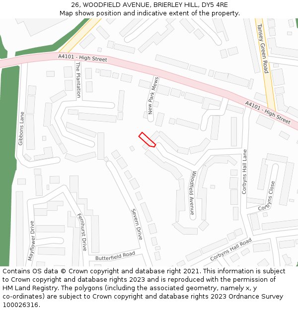 26, WOODFIELD AVENUE, BRIERLEY HILL, DY5 4RE: Location map and indicative extent of plot