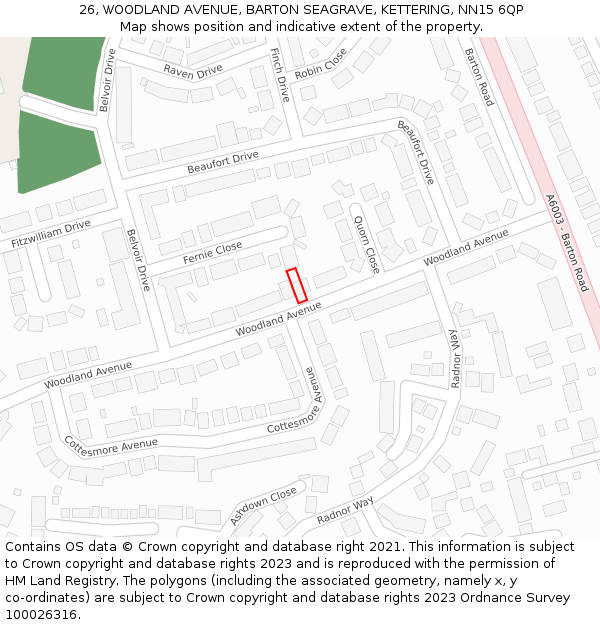 26, WOODLAND AVENUE, BARTON SEAGRAVE, KETTERING, NN15 6QP: Location map and indicative extent of plot