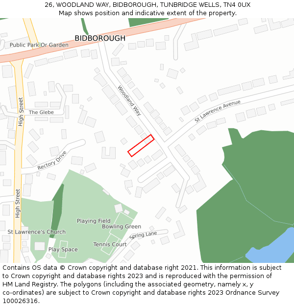 26, WOODLAND WAY, BIDBOROUGH, TUNBRIDGE WELLS, TN4 0UX: Location map and indicative extent of plot