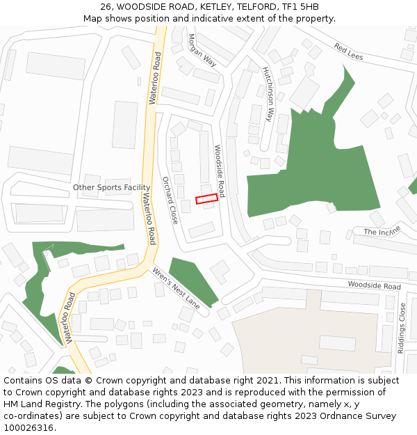 26, WOODSIDE ROAD, KETLEY, TELFORD, TF1 5HB: Location map and indicative extent of plot