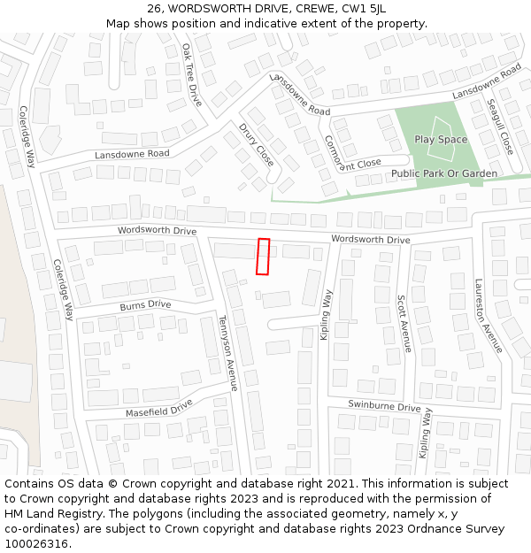 26, WORDSWORTH DRIVE, CREWE, CW1 5JL: Location map and indicative extent of plot