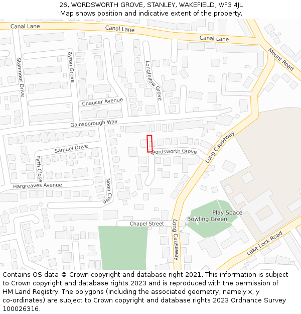 26, WORDSWORTH GROVE, STANLEY, WAKEFIELD, WF3 4JL: Location map and indicative extent of plot