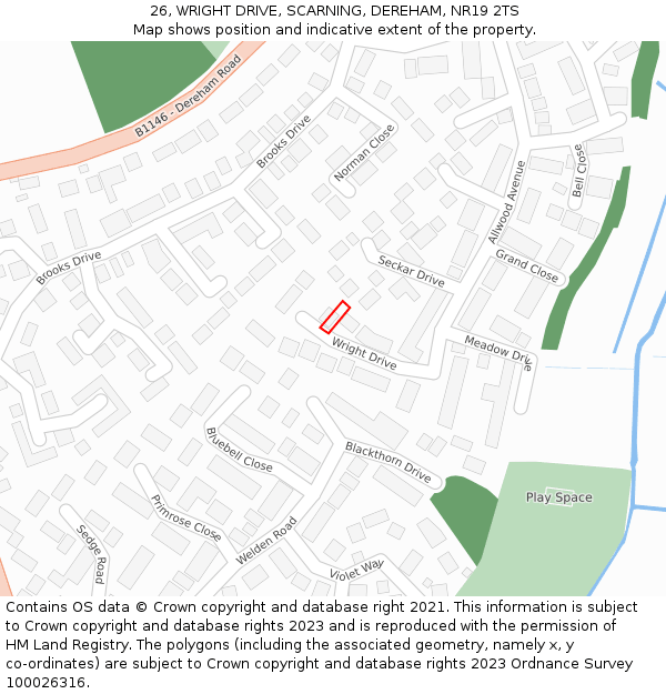 26, WRIGHT DRIVE, SCARNING, DEREHAM, NR19 2TS: Location map and indicative extent of plot