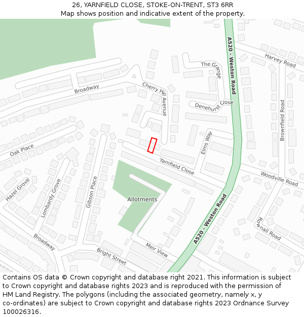 26, YARNFIELD CLOSE, STOKE-ON-TRENT, ST3 6RR: Location map and indicative extent of plot