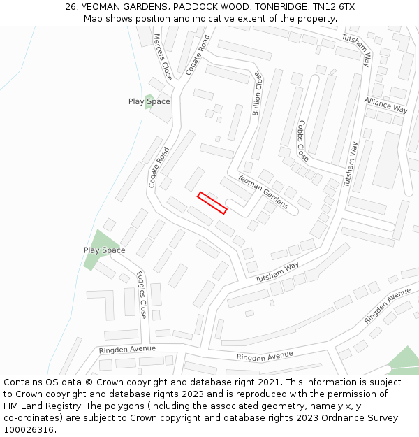 26, YEOMAN GARDENS, PADDOCK WOOD, TONBRIDGE, TN12 6TX: Location map and indicative extent of plot