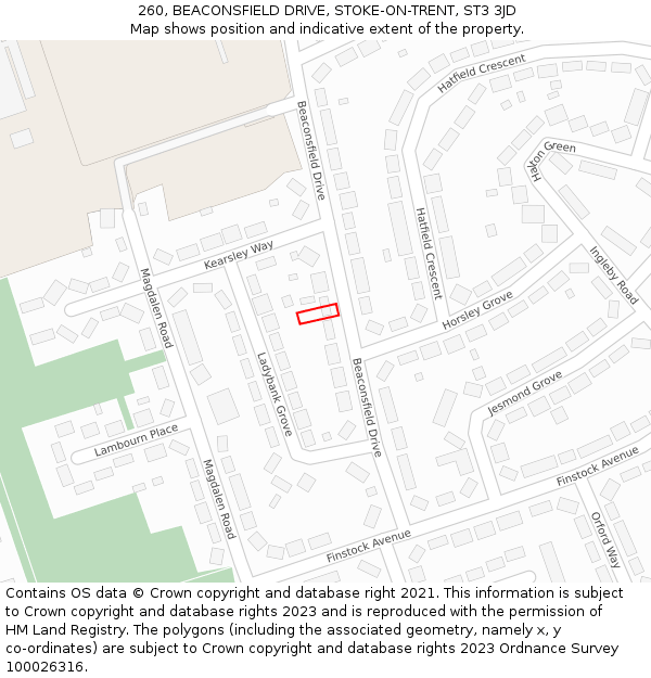 260, BEACONSFIELD DRIVE, STOKE-ON-TRENT, ST3 3JD: Location map and indicative extent of plot