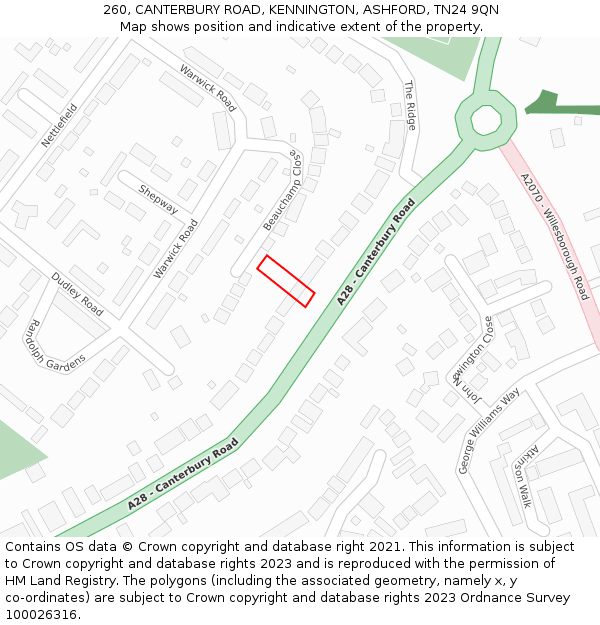 260, CANTERBURY ROAD, KENNINGTON, ASHFORD, TN24 9QN: Location map and indicative extent of plot