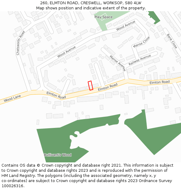 260, ELMTON ROAD, CRESWELL, WORKSOP, S80 4LW: Location map and indicative extent of plot