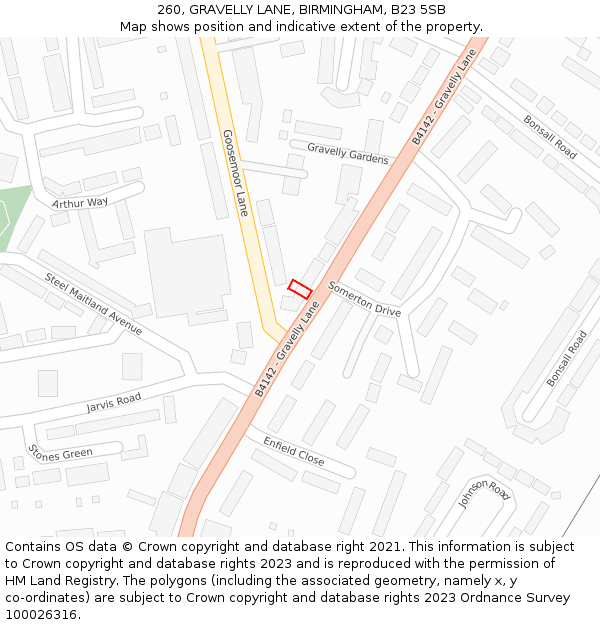 260, GRAVELLY LANE, BIRMINGHAM, B23 5SB: Location map and indicative extent of plot