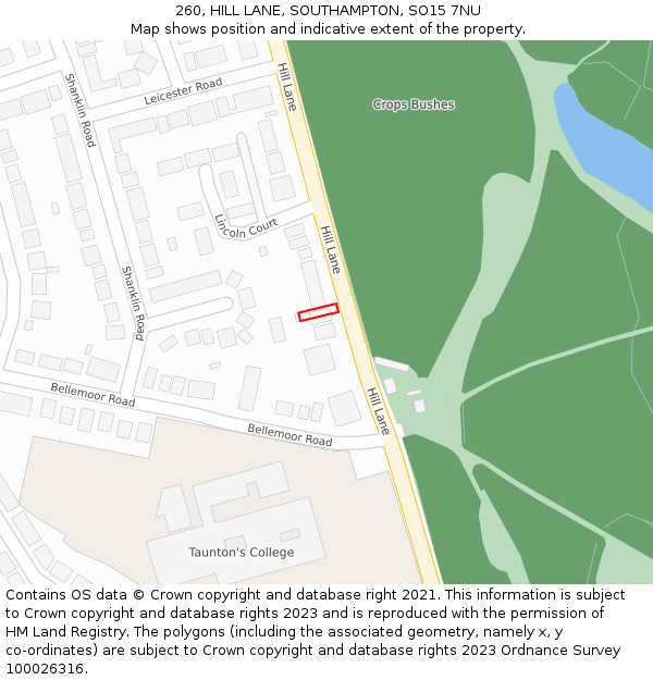 260, HILL LANE, SOUTHAMPTON, SO15 7NU: Location map and indicative extent of plot