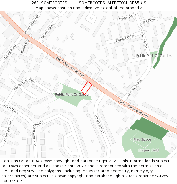 260, SOMERCOTES HILL, SOMERCOTES, ALFRETON, DE55 4JS: Location map and indicative extent of plot