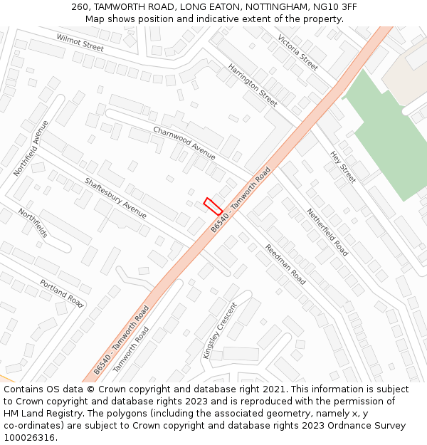 260, TAMWORTH ROAD, LONG EATON, NOTTINGHAM, NG10 3FF: Location map and indicative extent of plot