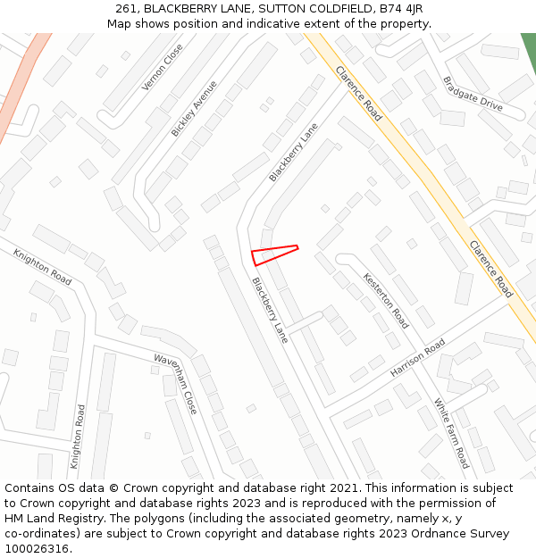 261, BLACKBERRY LANE, SUTTON COLDFIELD, B74 4JR: Location map and indicative extent of plot