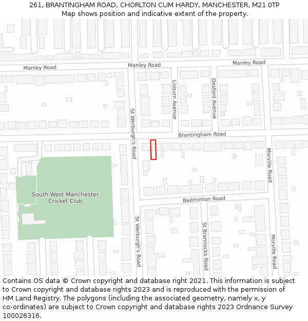 261, BRANTINGHAM ROAD, CHORLTON CUM HARDY, MANCHESTER, M21 0TP: Location map and indicative extent of plot