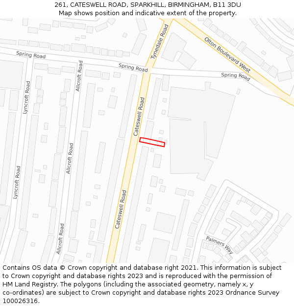 261, CATESWELL ROAD, SPARKHILL, BIRMINGHAM, B11 3DU: Location map and indicative extent of plot