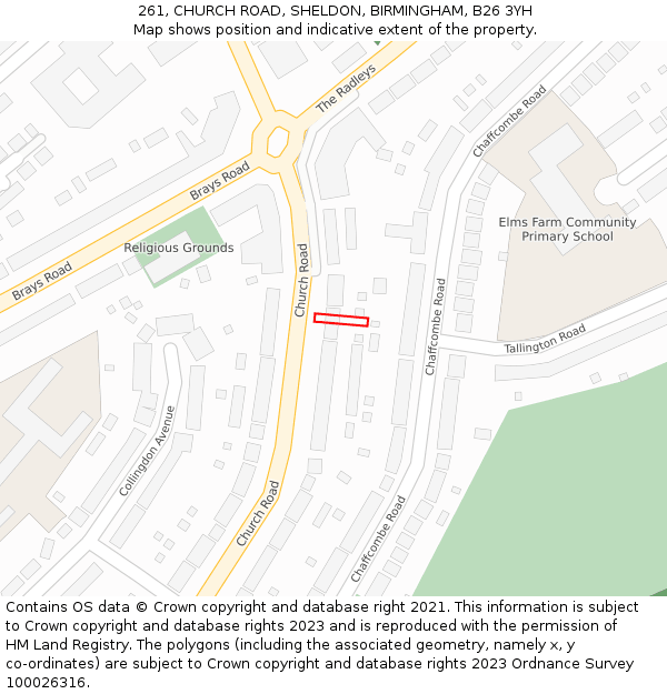 261, CHURCH ROAD, SHELDON, BIRMINGHAM, B26 3YH: Location map and indicative extent of plot