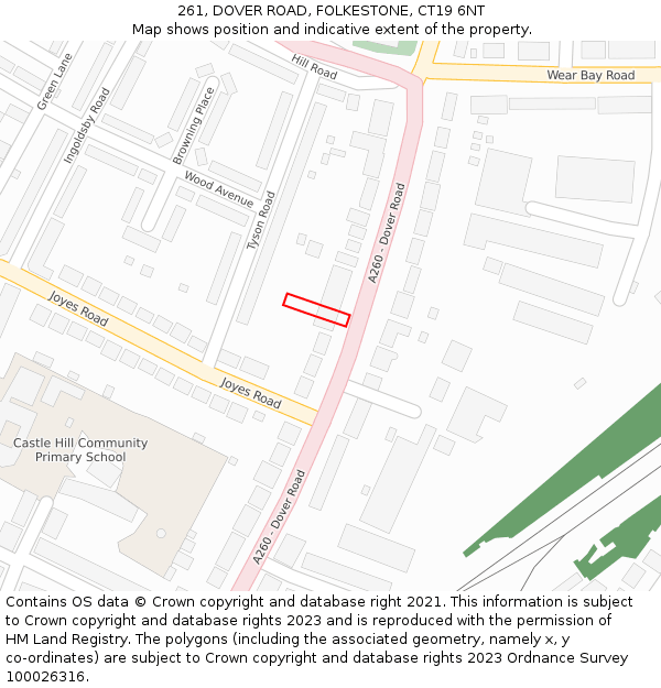 261, DOVER ROAD, FOLKESTONE, CT19 6NT: Location map and indicative extent of plot