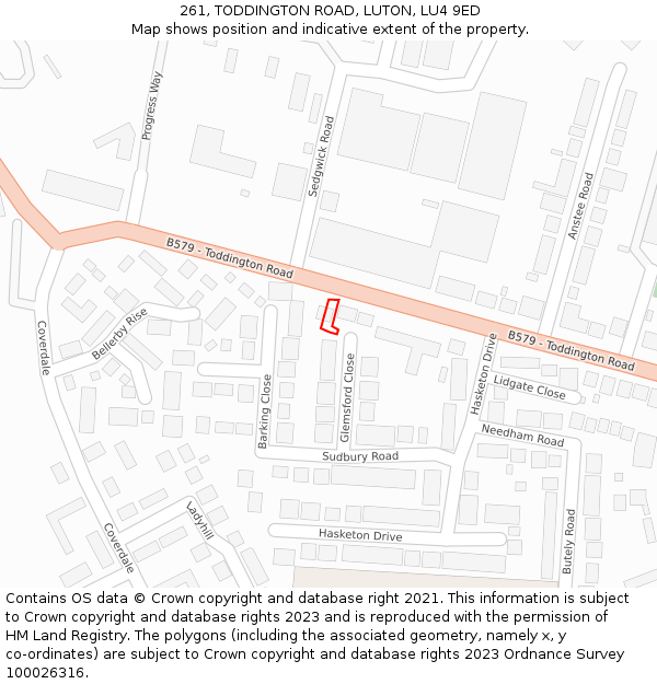 261, TODDINGTON ROAD, LUTON, LU4 9ED: Location map and indicative extent of plot