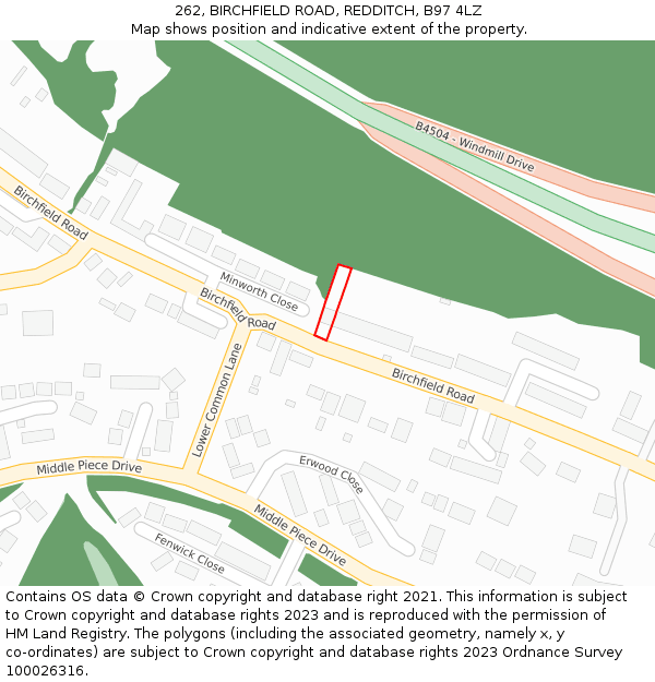 262, BIRCHFIELD ROAD, REDDITCH, B97 4LZ: Location map and indicative extent of plot