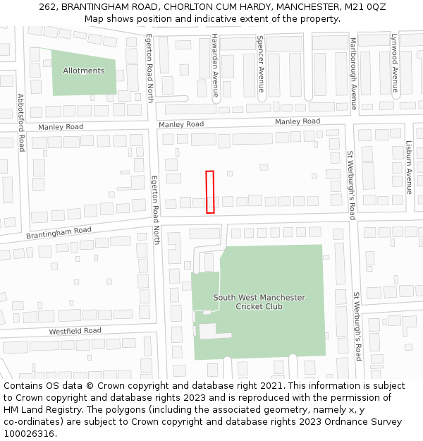 262, BRANTINGHAM ROAD, CHORLTON CUM HARDY, MANCHESTER, M21 0QZ: Location map and indicative extent of plot