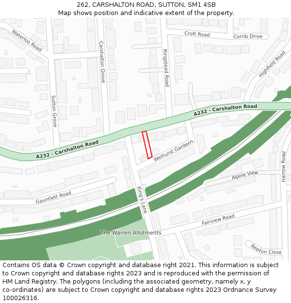 262, CARSHALTON ROAD, SUTTON, SM1 4SB: Location map and indicative extent of plot