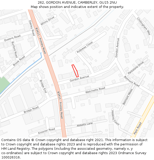 262, GORDON AVENUE, CAMBERLEY, GU15 2NU: Location map and indicative extent of plot