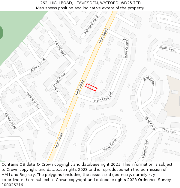 262, HIGH ROAD, LEAVESDEN, WATFORD, WD25 7EB: Location map and indicative extent of plot