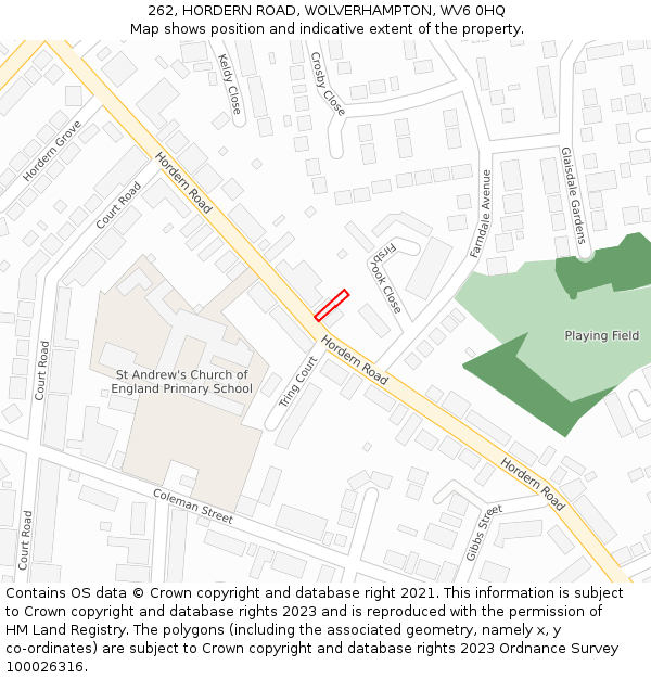 262, HORDERN ROAD, WOLVERHAMPTON, WV6 0HQ: Location map and indicative extent of plot