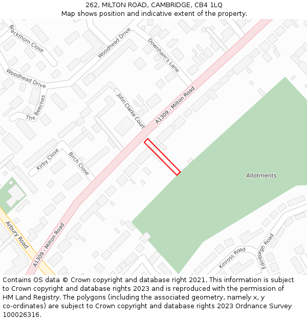 262, MILTON ROAD, CAMBRIDGE, CB4 1LQ: Location map and indicative extent of plot