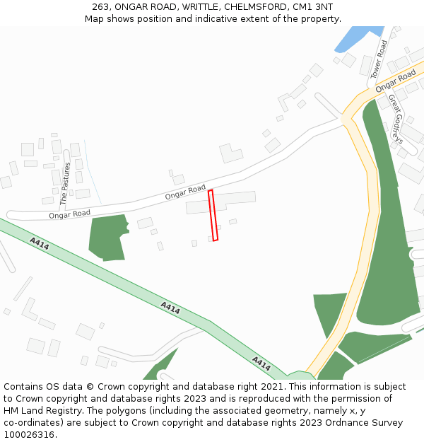 263, ONGAR ROAD, WRITTLE, CHELMSFORD, CM1 3NT: Location map and indicative extent of plot