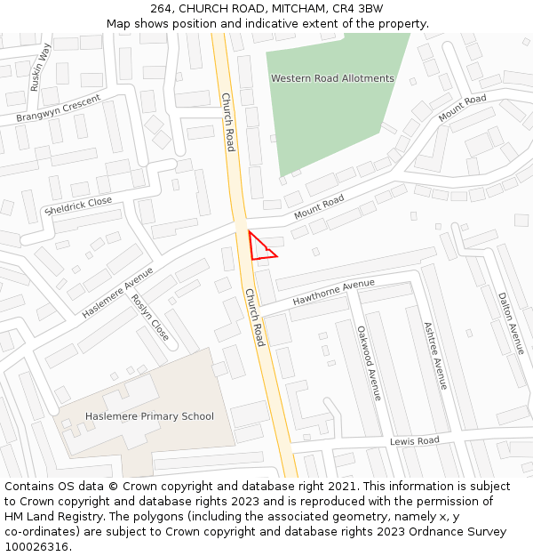 264, CHURCH ROAD, MITCHAM, CR4 3BW: Location map and indicative extent of plot