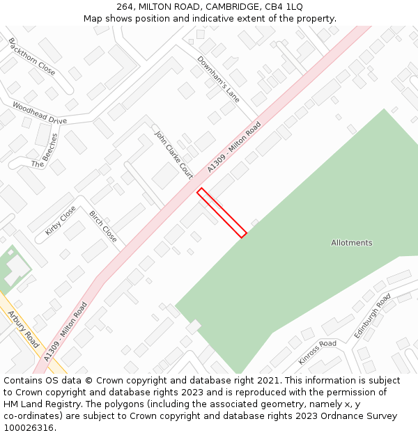 264, MILTON ROAD, CAMBRIDGE, CB4 1LQ: Location map and indicative extent of plot