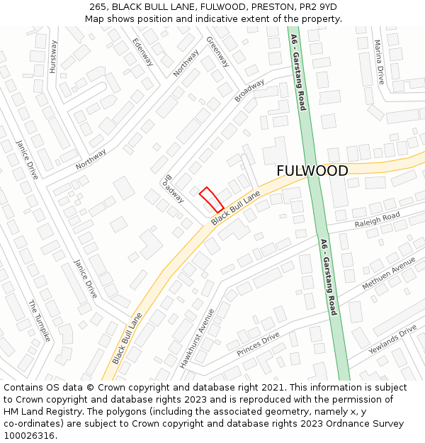 265, BLACK BULL LANE, FULWOOD, PRESTON, PR2 9YD: Location map and indicative extent of plot
