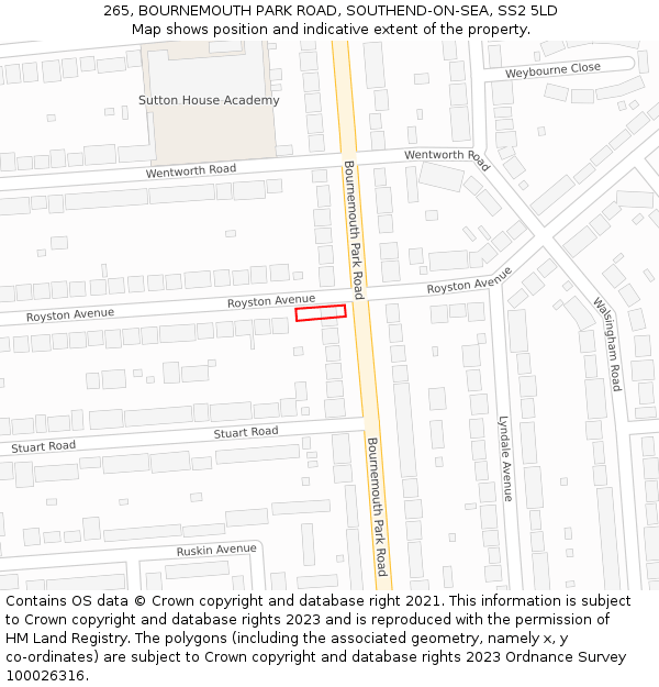 265, BOURNEMOUTH PARK ROAD, SOUTHEND-ON-SEA, SS2 5LD: Location map and indicative extent of plot