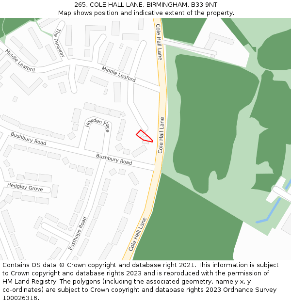 265, COLE HALL LANE, BIRMINGHAM, B33 9NT: Location map and indicative extent of plot