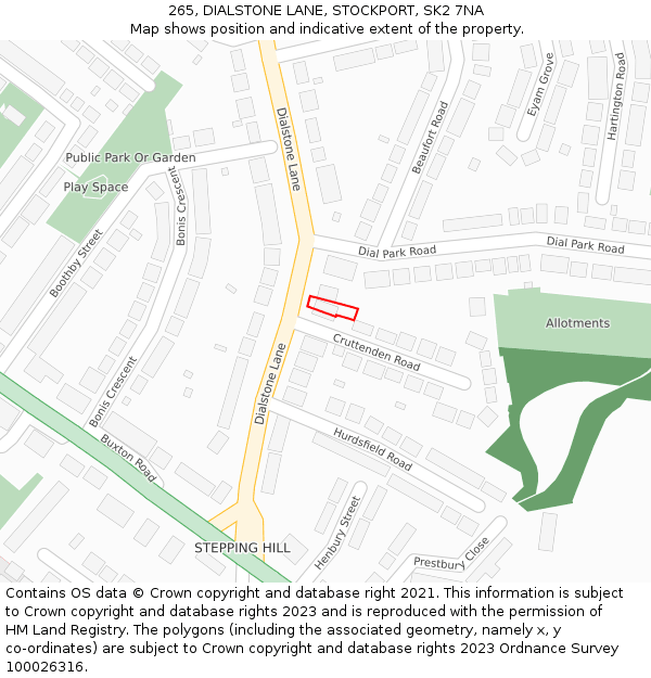 265, DIALSTONE LANE, STOCKPORT, SK2 7NA: Location map and indicative extent of plot