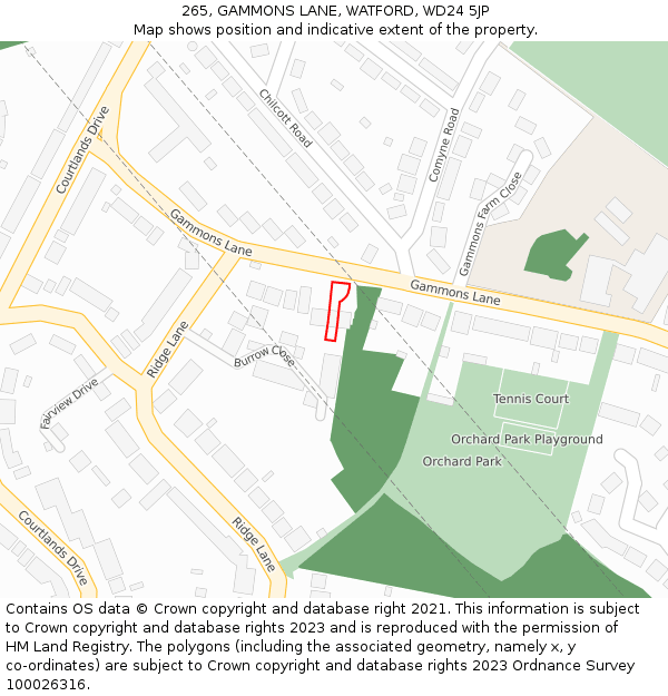 265, GAMMONS LANE, WATFORD, WD24 5JP: Location map and indicative extent of plot