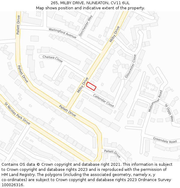 265, MILBY DRIVE, NUNEATON, CV11 6UL: Location map and indicative extent of plot