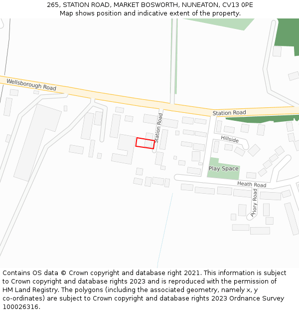 265, STATION ROAD, MARKET BOSWORTH, NUNEATON, CV13 0PE: Location map and indicative extent of plot