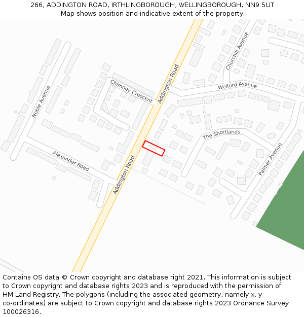 266, ADDINGTON ROAD, IRTHLINGBOROUGH, WELLINGBOROUGH, NN9 5UT: Location map and indicative extent of plot