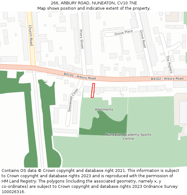 266, ARBURY ROAD, NUNEATON, CV10 7NE: Location map and indicative extent of plot