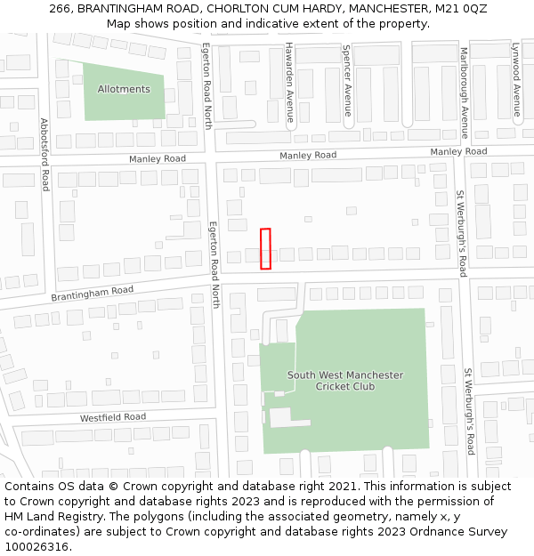 266, BRANTINGHAM ROAD, CHORLTON CUM HARDY, MANCHESTER, M21 0QZ: Location map and indicative extent of plot