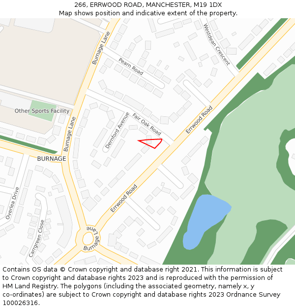 266, ERRWOOD ROAD, MANCHESTER, M19 1DX: Location map and indicative extent of plot