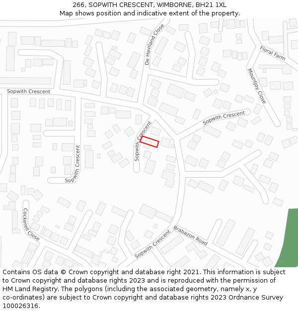 266, SOPWITH CRESCENT, WIMBORNE, BH21 1XL: Location map and indicative extent of plot