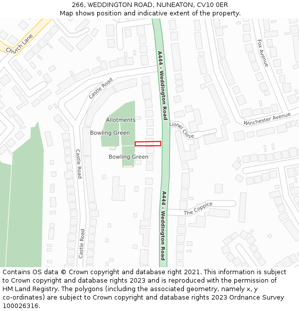 266, WEDDINGTON ROAD, NUNEATON, CV10 0ER: Location map and indicative extent of plot