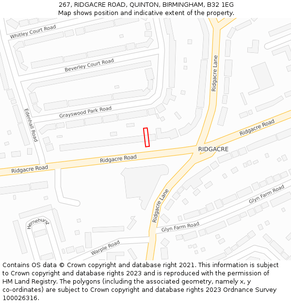 267, RIDGACRE ROAD, QUINTON, BIRMINGHAM, B32 1EG: Location map and indicative extent of plot