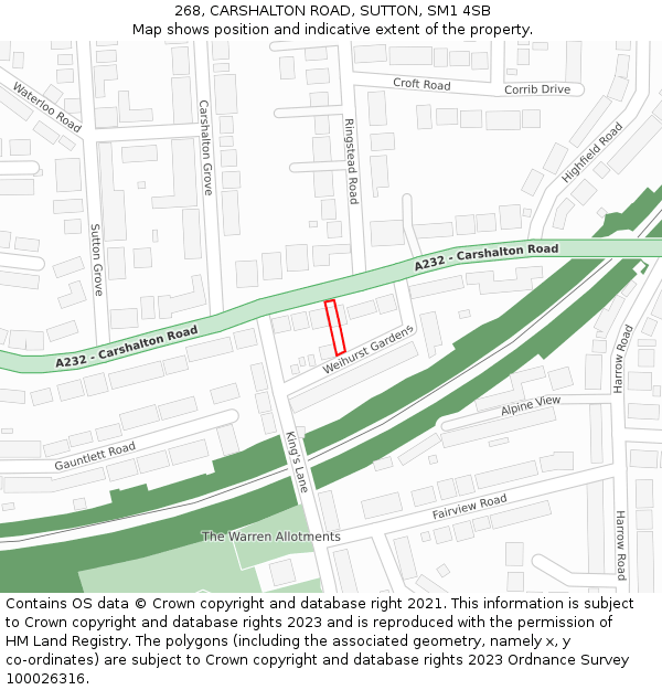 268, CARSHALTON ROAD, SUTTON, SM1 4SB: Location map and indicative extent of plot