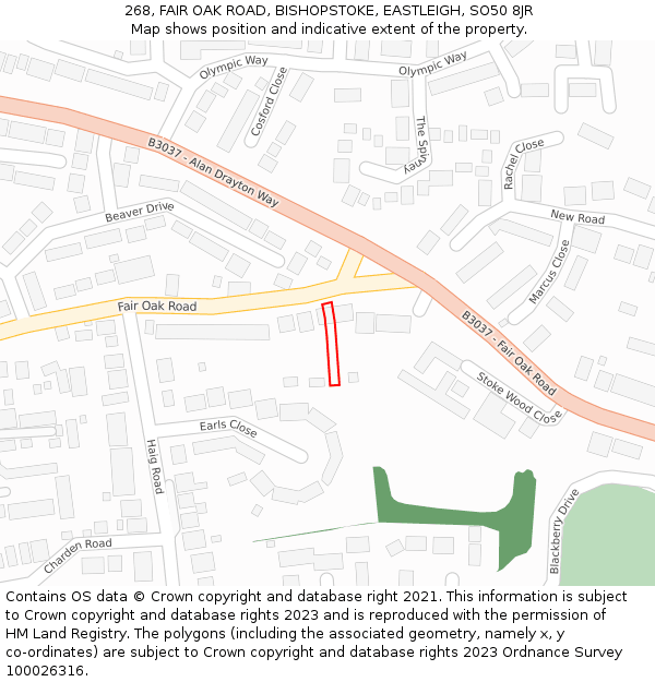 268, FAIR OAK ROAD, BISHOPSTOKE, EASTLEIGH, SO50 8JR: Location map and indicative extent of plot